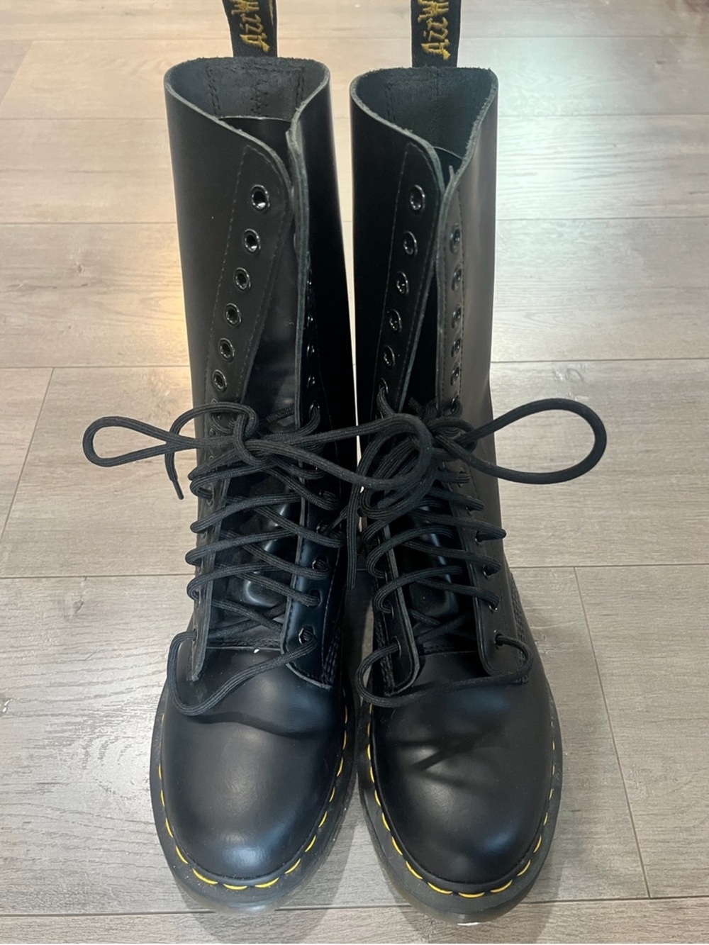 Dr. Martens Black Leather Lace-Up Combat Boots with Yellow Stitching - Picture 2 of 3